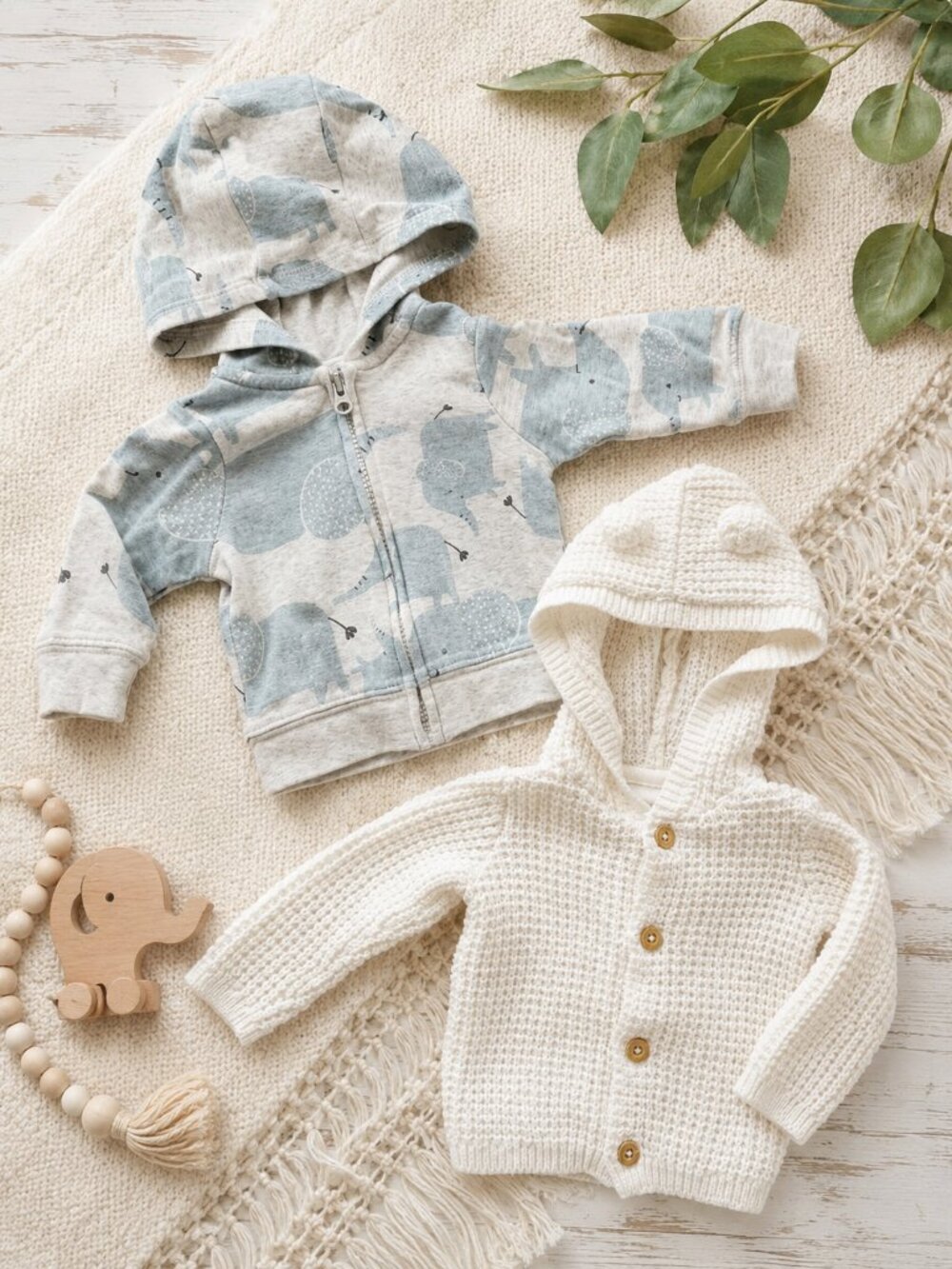 Carter's & Child of Mine Newborn Hoodies 2 Pc 100% Cotton Elephant Sweater Set